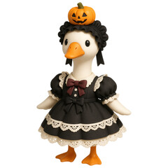 Cute Goose in Black Gothic Dress with Pumpkin Hat for Halloween Celebration Decoration