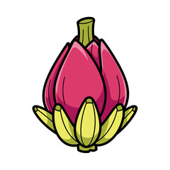 Cartoon style artichoke with pink petals and green base on white background.
