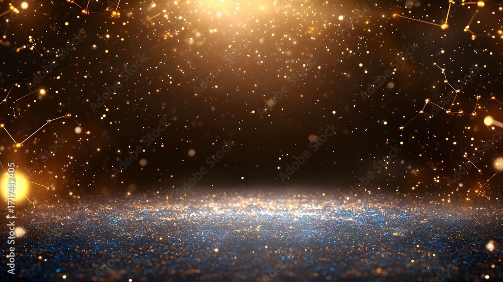 Poster this image showcases a dazzling array of sparkling gold lights against a dark backdrop and a blue-ti