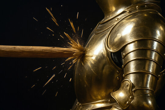 Closeup of a tournament wooden lance splintering upon impact with a medieval knight's golden armor, concept for power and invulnerability