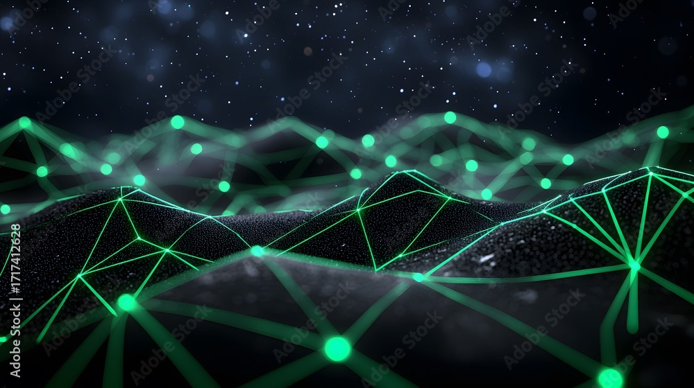 Poster this image showcases a low-poly terrain model illuminated with a vibrant green network, set against 