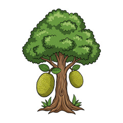Cartoon style tree with green leaves and two fruits hanging from branches.