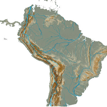 Detailed Geographic Relief Map of South America with River Systems and Topography on Transparent Background