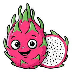 Obraz premium Cartoon dragon fruit with a smiling face and a sliced dragon fruit.