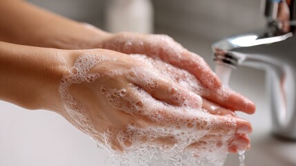 Fototapeta premium young woman washing cleansing soapy hands in bathroom to prevent coronavirus infection cleaning skin care in foamrubbing hands rinsing with running water covid 19 protection concept close up view no 