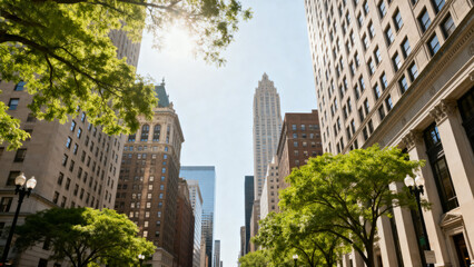 Fototapeta premium Urban cityscape with tall buildings, green trees, and sunlight filtering through leaves on a clear day