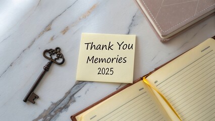 Sticky Note with Thank You Memories 2025 on Marble Table Surface with Vintage Key and Planner in Background