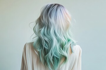 Fototapeta premium A person with long, wavy hair featuring a vibrant ombre of pastel light teal and silvery gray tones.