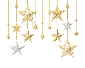 Hanging Gold and Silver Star Ornaments on Background Christmas decoration isolated on a transparent background