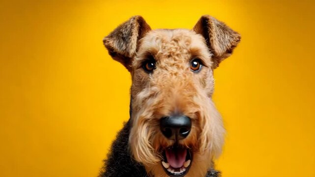 Airedale terrier staring in shock with raised eyebrows and open jaw against a saturated yellow backdrop
