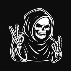 Grim Reaper Skeleton Vector Illustration – Hooded Death Rock Hand Sign Artwork