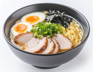  A sleek black bowl of Japanese ramen with rich broth, topped with sliced chashu pork, perfectly boiled eggs, fresh green onions, and nori seaweed.