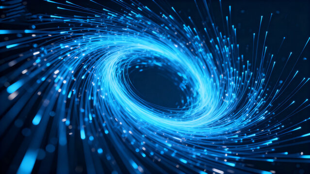 Abstract blue spiral tunnel with glowing particles and light trails - Powered by Adobe