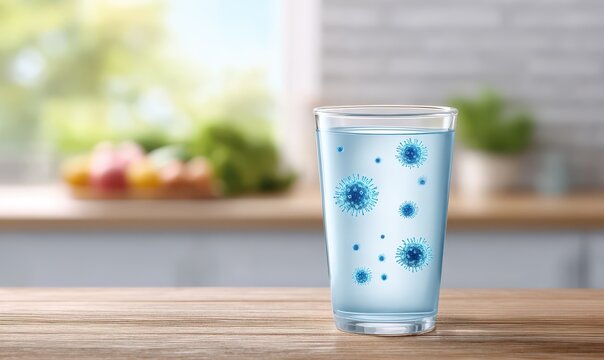 A close-up of a glass of clear water with microscopic bacteria floating inside, symbolizing unsafe water. Contaminated drinking water.