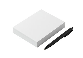Neat stack of premium white stationery cards and sleek black rollerball pen, isolated on a seamless transparent background, macro 45-degree, high-key studio shot, sharp focus, minimalist elegance