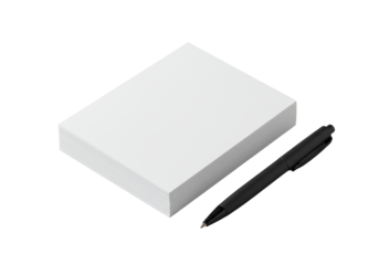 Neat stack of premium white stationery cards and sleek black rollerball pen, isolated on a seamless transparent background, macro 45-degree, high-key studio shot, sharp focus, minimalist elegance