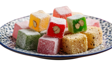 Pile of colorful turkish delight isolated on transparent background, a sweet confection