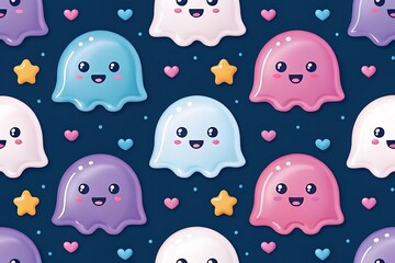 Fototapeta premium Adorable Pastel Ghost Seamless Pattern: Kawaii Style, Happy Mood, Kids' Design, Perfect for Fabric, Wallpaper, and Cute Branding.