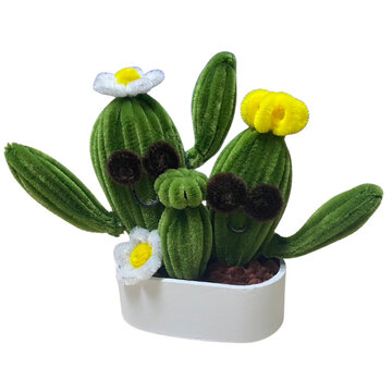 Handmade cactus plant with small colorful flowers crafted from pipe cleaner in white pot on transparent background clipart