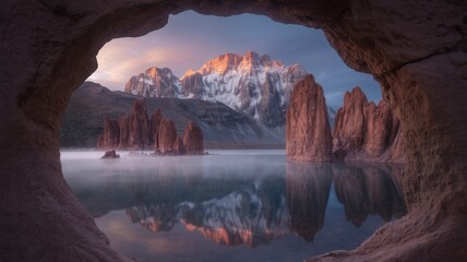 Mystical cave entrance reveals serene lake with towering rock formations and snow capped mountains at sunrise