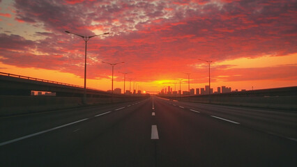 Empty highway at sunset with vibrant sky and city skyline in distance creating peaceful shipping container house view