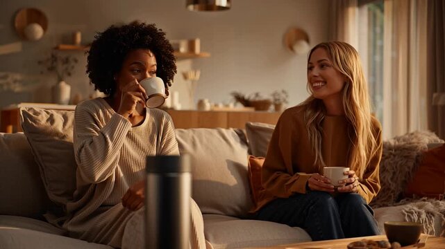 Ultra-realistic cozy home lifestyle photo, sleek portable kettle that looks like a modern water bottle, minimal and simple design, placed prominently on a wooden coffee table as the hero product.
