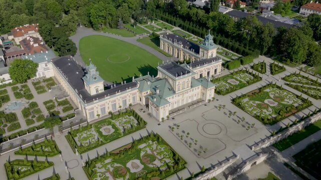 Wilanow Royal Palace of king Jan III Sobieski within surrounding garden and park with panoramic view of metropolitan Warsaw in Poland