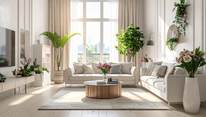 Elegant living room with neutral tones and lush greenery sofa coffee table