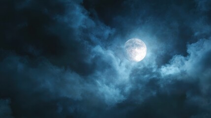 Fototapeta premium full moon illuminating a dark cloudy night sky with dense blue fog halloween background nighttime ambiance lunar light concept gothic aesthetic eerie atmosphere