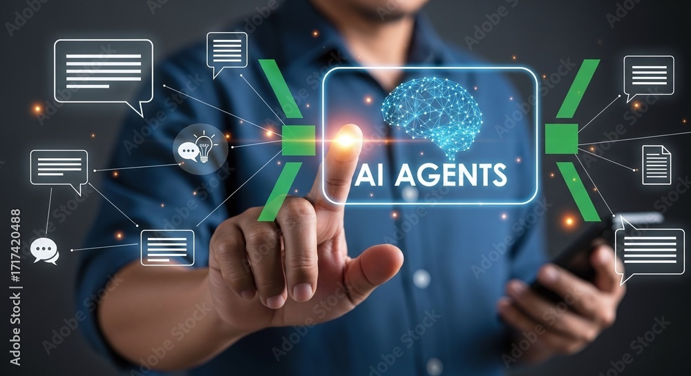 Poster professional activating a futuristic ai agents platform to automate diverse business tasks, perfect 