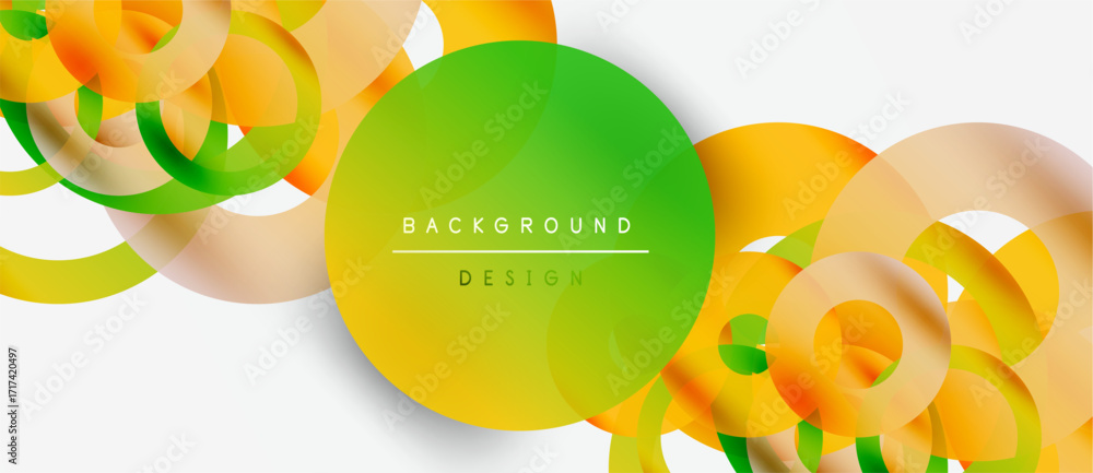 Poster abstract circles overlap, creating vibrant orange, green hues. minimalist text reads background desi