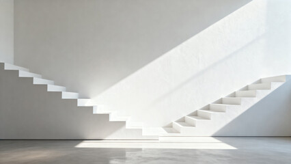 Minimalist white staircase with geometric shadows in a modern architectural space