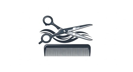 Dynamic professional hair salon and barber shop logo with scissors, comb, and stylized waves, perfect for modern branding and marketing.