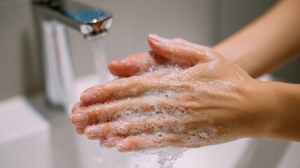 Fototapeta premium young woman washing cleansing soapy hands in bathroom to prevent coronavirus infection cleaning skin care in foamrubbing hands rinsing with running water covid 19 protection concept close up view no 