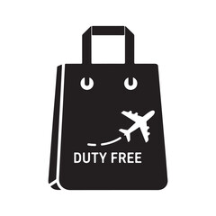 Monochrome Flat Vector Shopping Bag Icon with Airplane and Duty Free Text