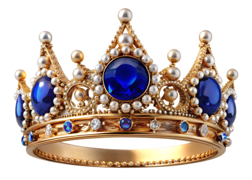Ornate Golden Crown with Blue Gemstones and Pearls royalty king isolated on a transparent background - Powered by Adobe