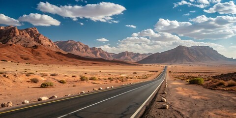 Serene Desert Highway: Expansive Landscape, Red Mountains, Blue Sky, Sunny Day