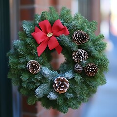 Christmas wreath, green boughs, red bow, pine cones