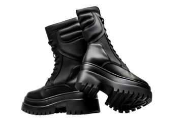 Pair of Leather Combat Boots with Thick Soles tall image isolated on a transparent background
