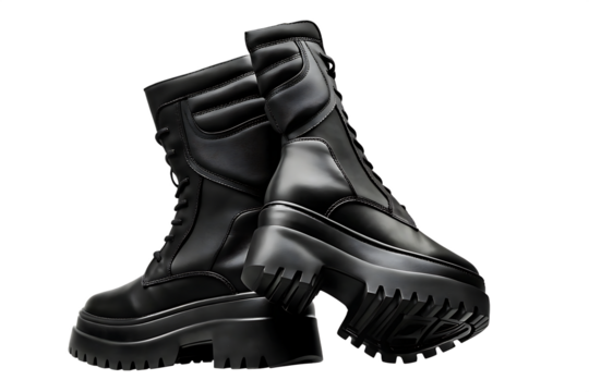 Pair of Leather Combat Boots with Thick Soles tall image isolated on a transparent background