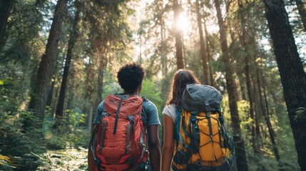 travel tourism hike and people concept  mixed race couple with backpacks in forest no logos no brands ar 169