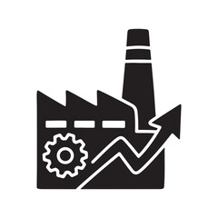 Stylized Black Factory Icon with Gear and Upward Growth Arrow