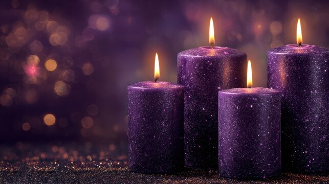 advent candles  four purple candlelights with glittering glowing in church bokeh light lights background bokeh abstract light bright effect shiny