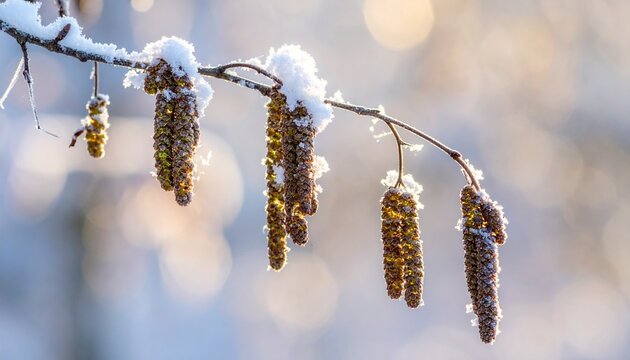 Snow covered alder tree (Alnus glutinosa) branch against defocused background.