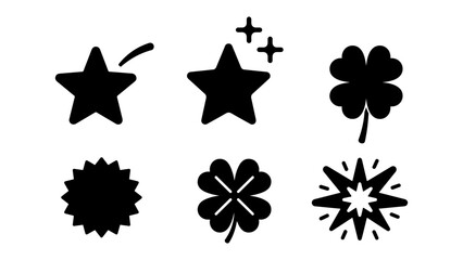 Flat Vector Black Icons Set with Stars, Lucky Clovers, and Stylized Burst Elements