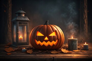 Spooky Halloween Jack-o'-lantern with Candles and Lantern, Dark Moody Autumn Scene, Rustic Wooden Table