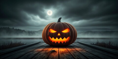 Menacing Jack-o'-lantern on foggy lake dock, Halloween night scene; ominous, dark mood; 3D render.