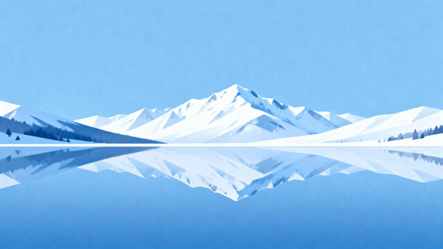 Snow-capped mountains reflected in a calm lake under a clear blue sky - Powered by Adobe