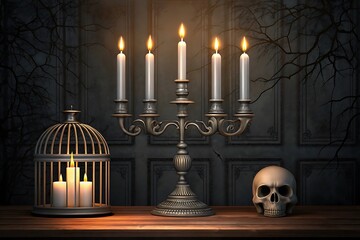 Dark Gothic Still Life:  Ornate Candelabra, Skull, Birdcage, and Burning Candles on Wooden Table.