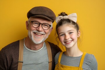 A happy grandfather and granddaughter pose against a bright yellow background, their joyful expressions shining through.